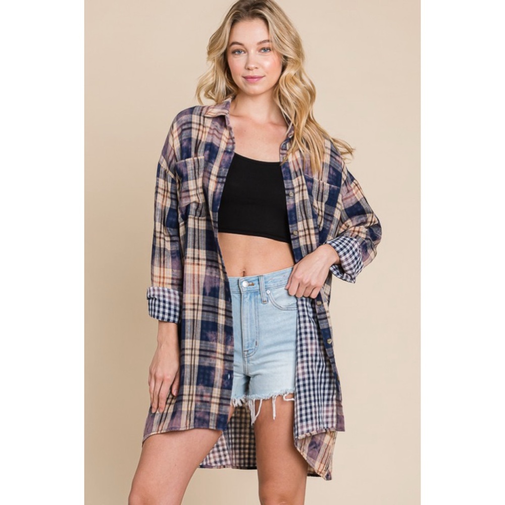 NEW! Cotton Soft Blue/Purple Plaid - Tie Dye Button Down Shirt Dress or Cardigan - Picture 4 of 11